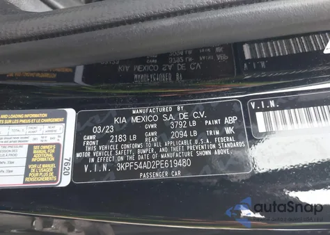 2023 Kia Forte Gt-Line z USA, uszkodzony, nr VIN 3KPF54AD2PE619480